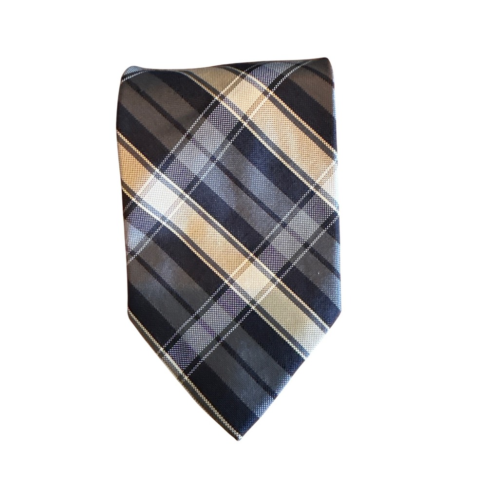 JOS A BANK Executive Collection Mens Plaid 100%‎ Silk Necktie Blue Tan Gray